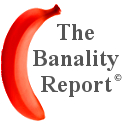 Red Sideways Banana Banality Report Logo small square with gray text